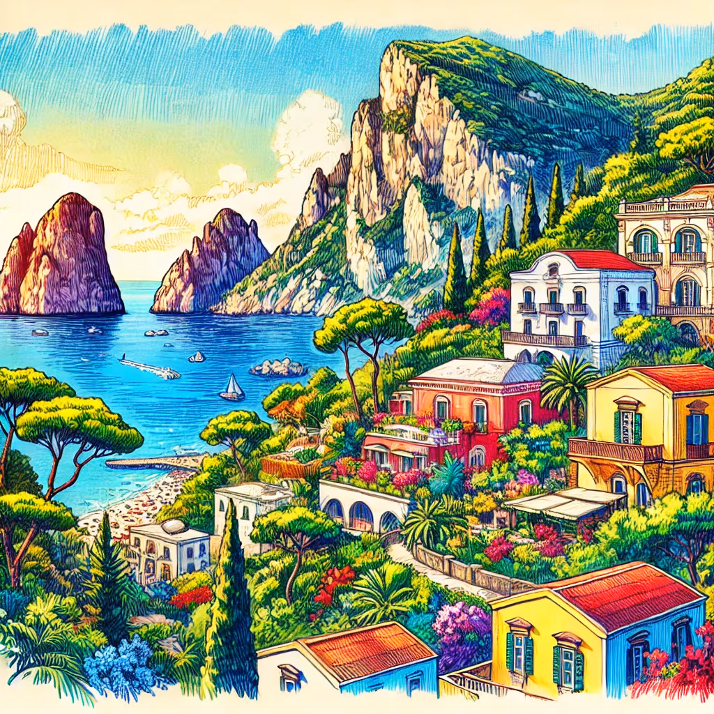 Un disegno vivace e colorato di Capri, Italia, con scogliere mediterranee, vegetazione rigogliosa e case con vista sulla baia.