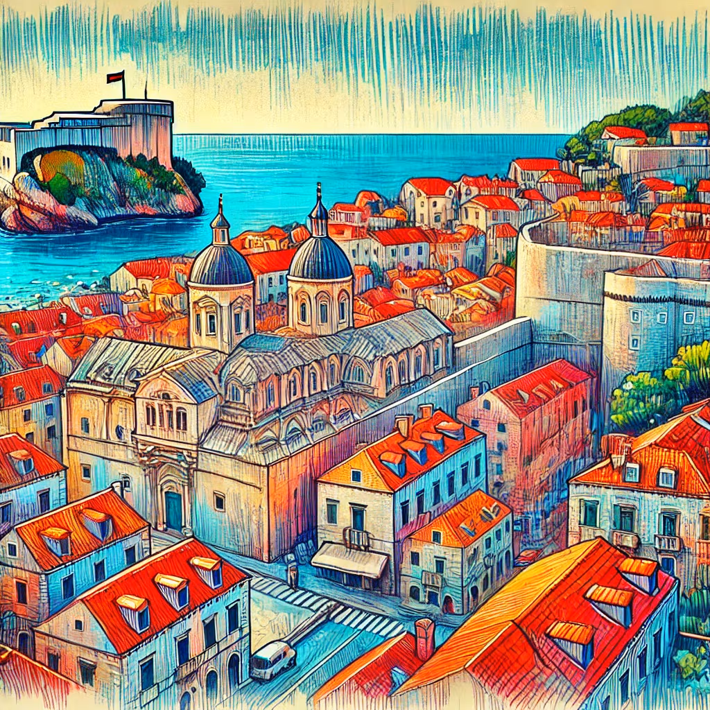 Un disegno vivace e colorato di Dubrovnik, Croazia, che mostra le mura medievali, i tetti rossi e il mare Adriatico.