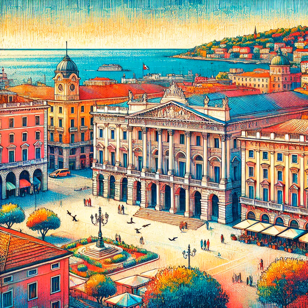 Un disegno vivace e colorato di Trieste, Italia, che mostra Piazza Unità d'Italia con il suo elegante edificio neoclassico.
