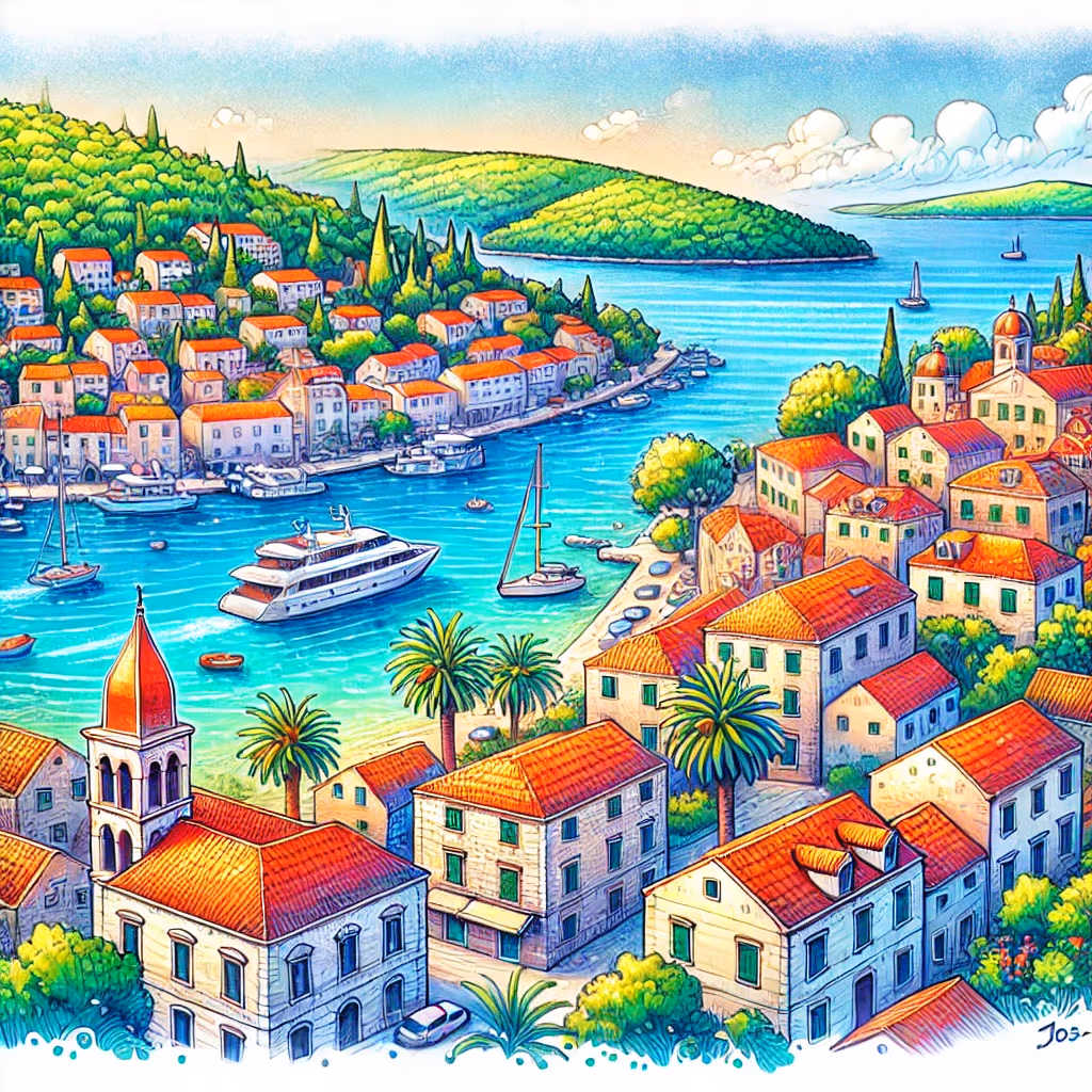 Un disegno vivace e colorato di Hvar, Croazia, con la costa e le acque azzurre cristalline e edifici storici dai tetti rossi.