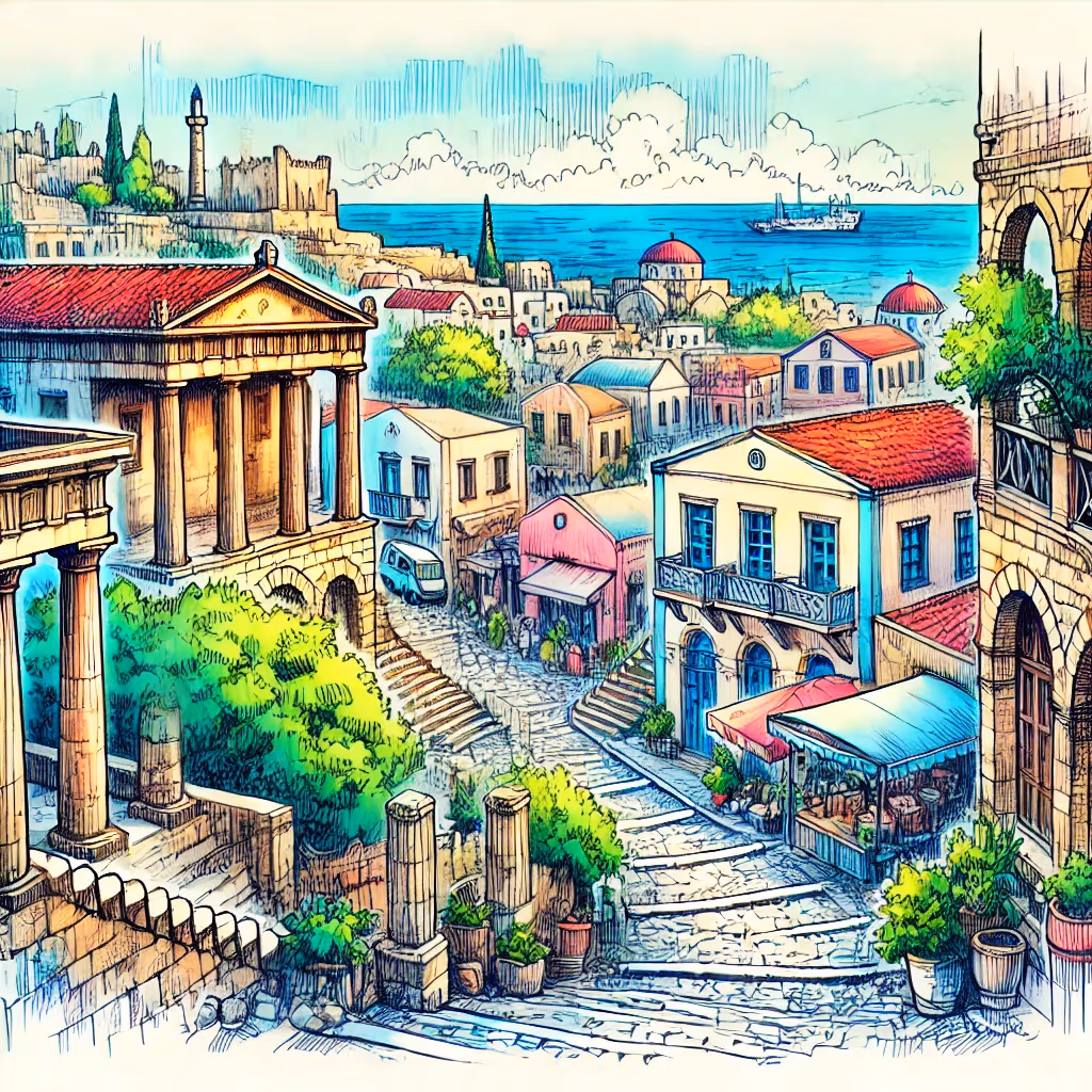 Un disegno vivace e colorato di Rodi, Grecia, con l'architettura medievale, stradine lastricate e edifici antichi.