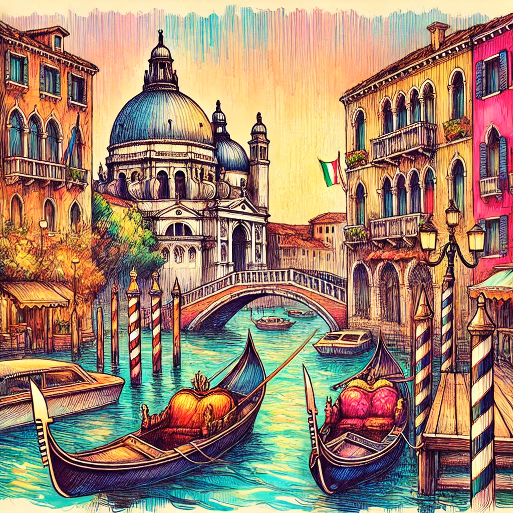 Un disegno vivace e colorato di Venezia, Italia, con gondole nei canali e architettura storica veneziana.
