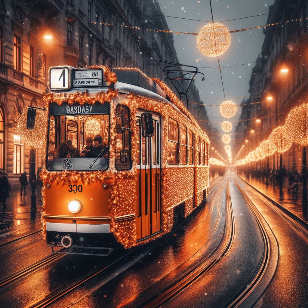 Straßenbahn mit Weihnachtsbeleuchtung in Budapest