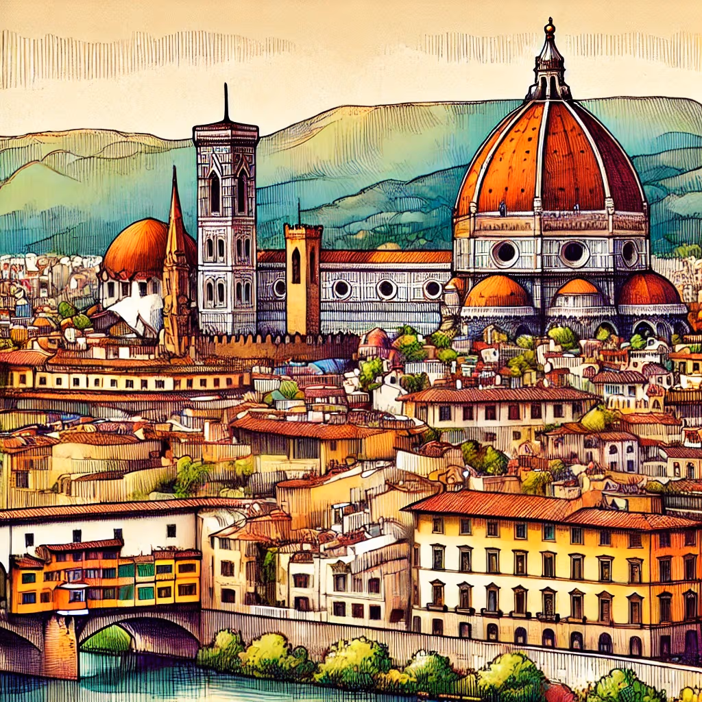 Un disegno vivace e colorato di Firenze, Italia, che mostra monumenti come il Duomo con la sua cupola in terracotta.