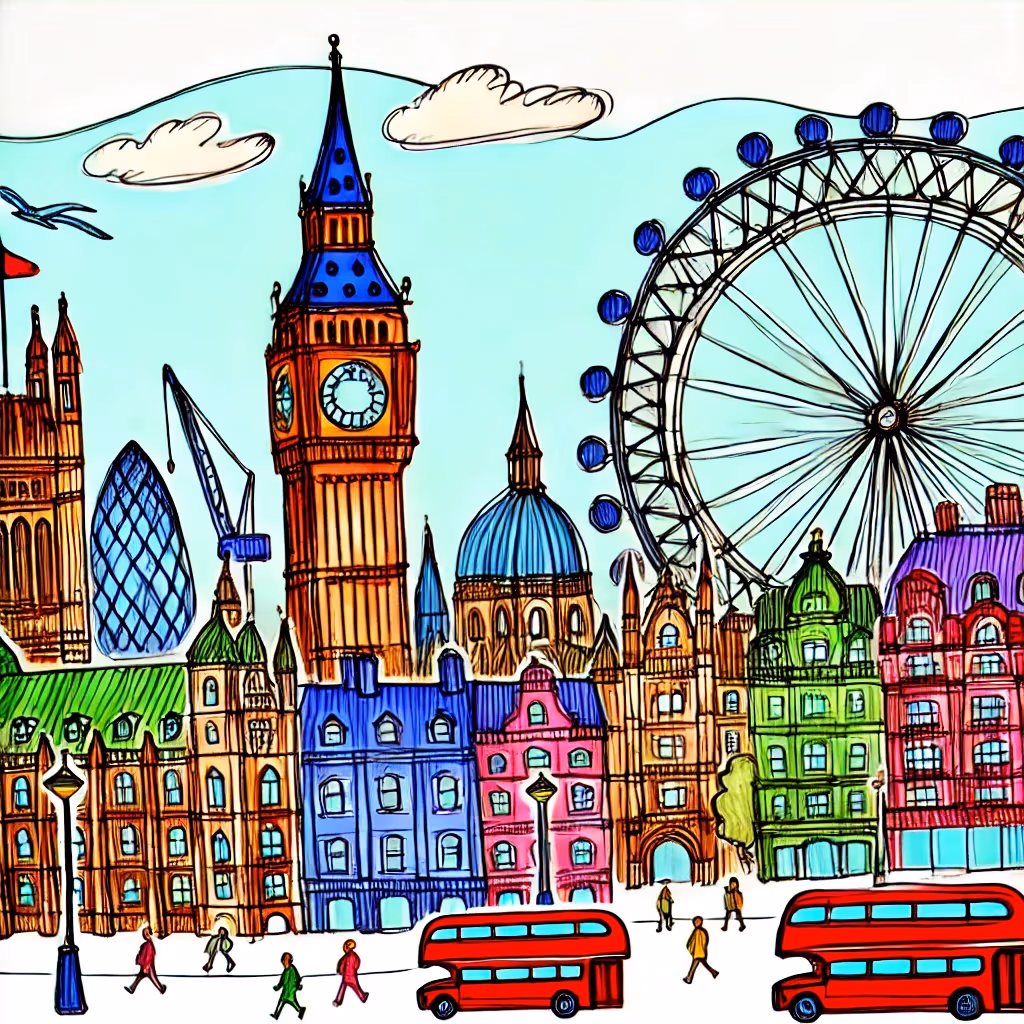 Un disegno vivace e colorato di Londra, Inghilterra, con il Big Ben, il London Eye e il Tower Bridge in un contesto urbano animato.
