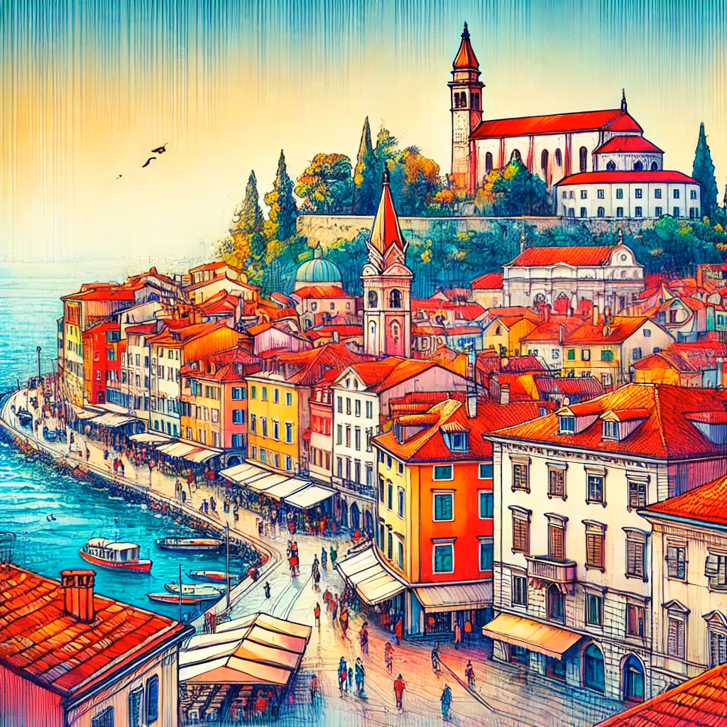Un disegno vivace e colorato di Pirano, Slovenia, che mostra la costa mediterranea e l'architettura in stile veneziano con tetti rossi.