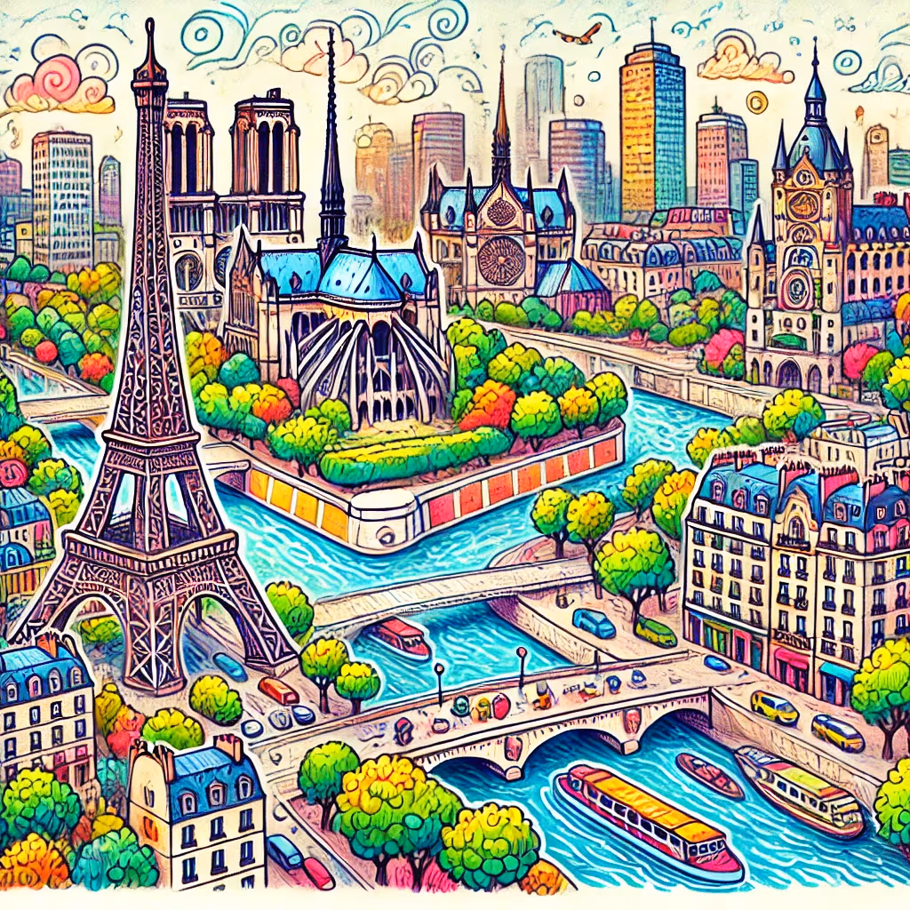 Un disegno vivace e colorato di Parigi, Francia, che mostra luoghi iconici come la Torre Eiffel, la Cattedrale di Notre-Dame e il fiume Senna.
