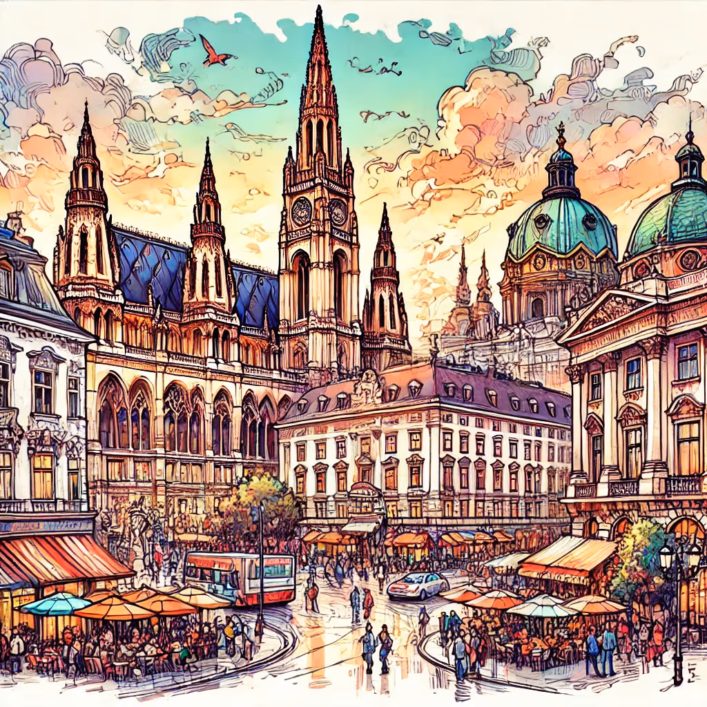 Un disegno vivace e colorato di Vienna, Austria, che mostra monumenti come la Cattedrale di Santo Stefano, l'Opera e il Hofburg.