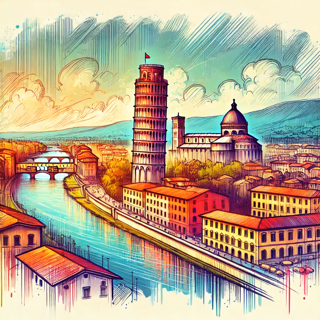Un disegno vivace e colorato di Pisa, Italia, con la celebre Torre Pendente e gli edifici storici circostanti.