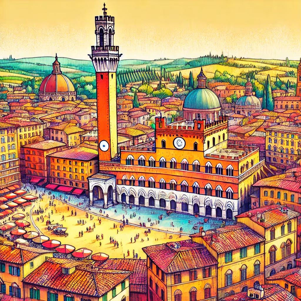 Un disegno vivace e colorato di Siena, Italia, che mostra la storica Piazza del Campo con l'architettura medievale e la Torre del Mangia.