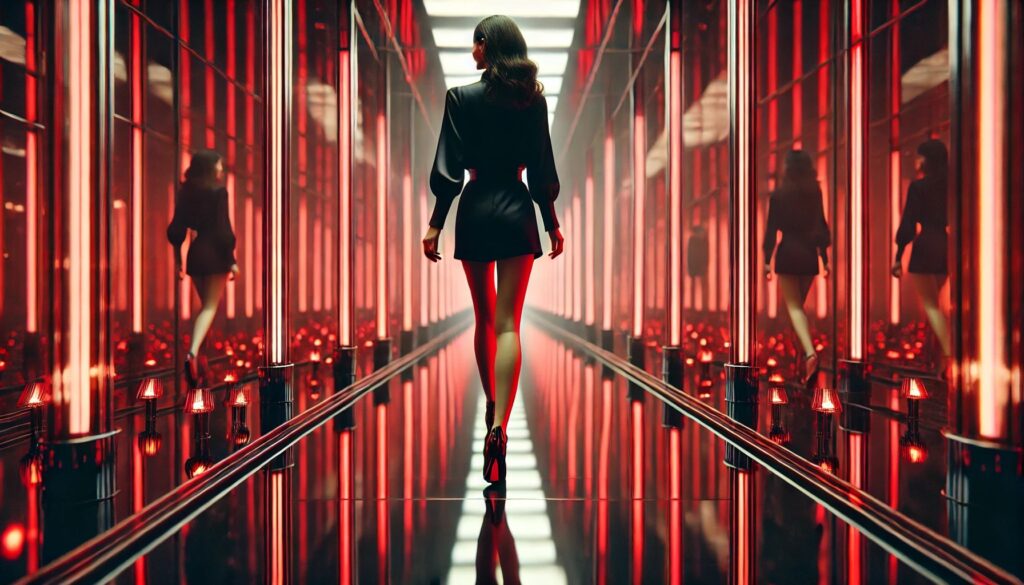 Una immagine iperrealistica di una giovane donna elegante vestita di nero, con tacchi, che cammina in un corridoio di specchi con luci rosse intense che riflettono tutto, all'interno del DOJO Boutique Club a Budapest