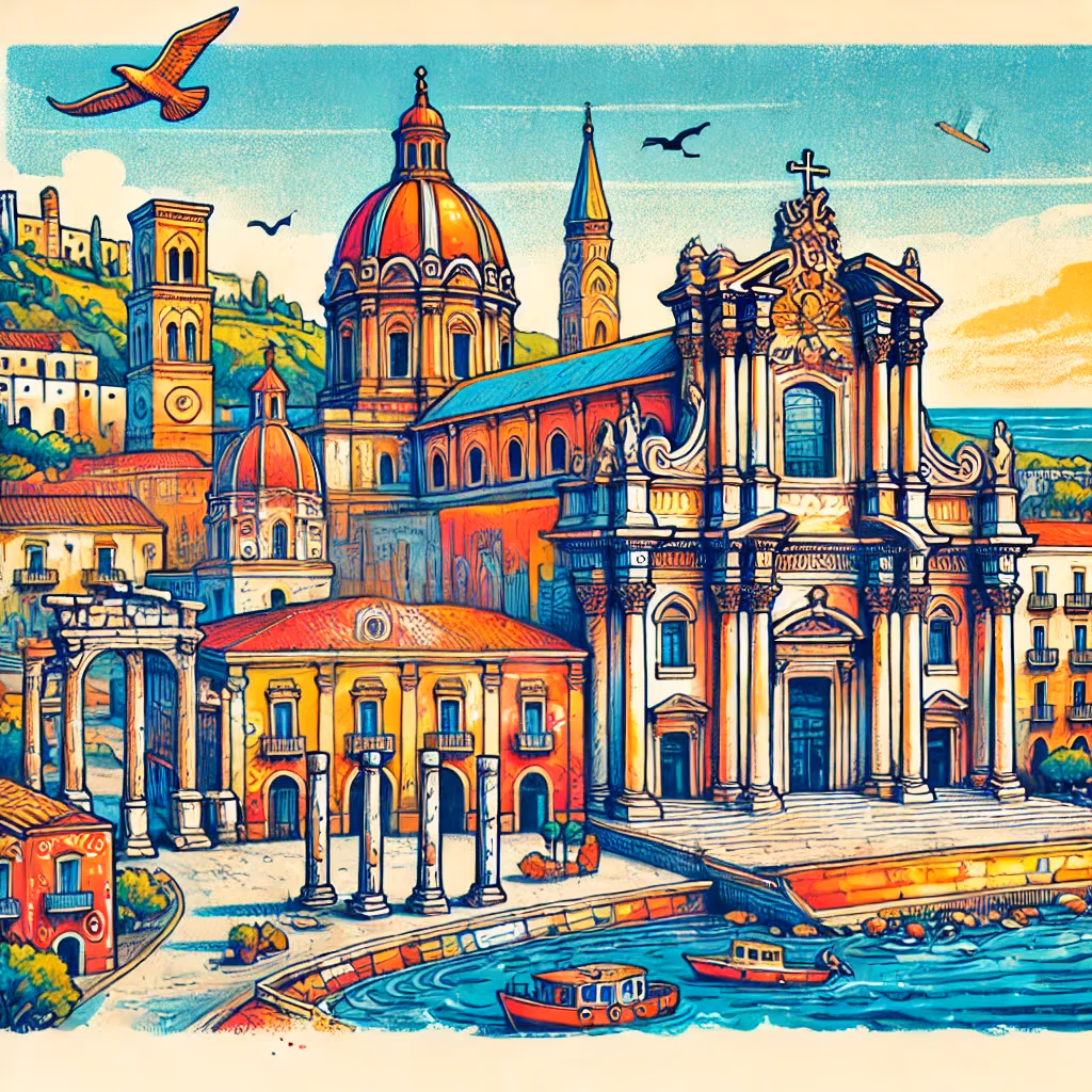 Un disegno vivace e colorato di Siracusa, Italia, che mostra le antiche rovine greche, la Cattedrale di Siracusa e scorci pittoreschi.
