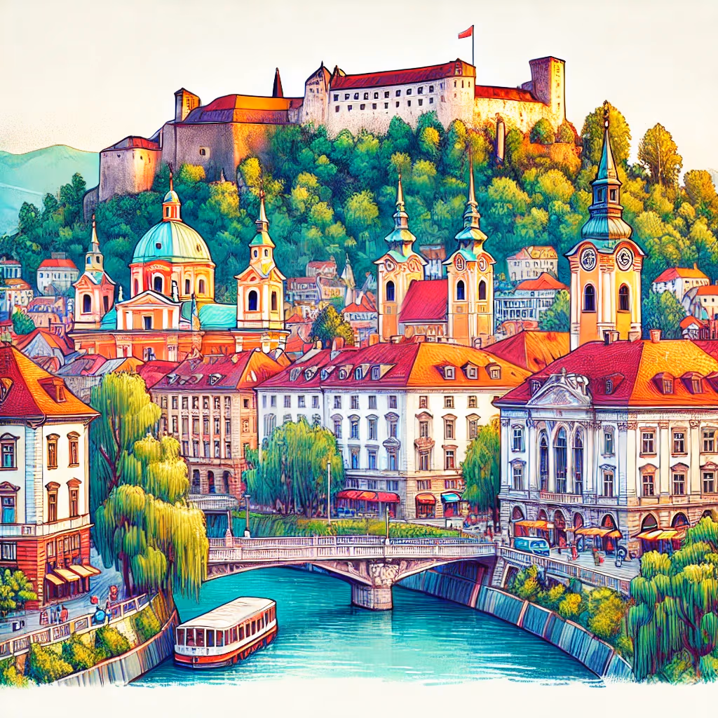Un disegno vivace e colorato di Lubiana, Slovenia, che mostra il Castello di Lubiana, il Ponte del Drago e il fiume Ljubljanica.