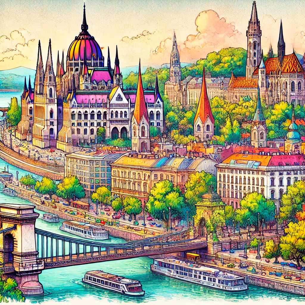 Un disegno vivace e colorato di Budapest, Ungheria, che mostra luoghi emblematici come il Parlamento sul Danubio e il Castello di Buda.