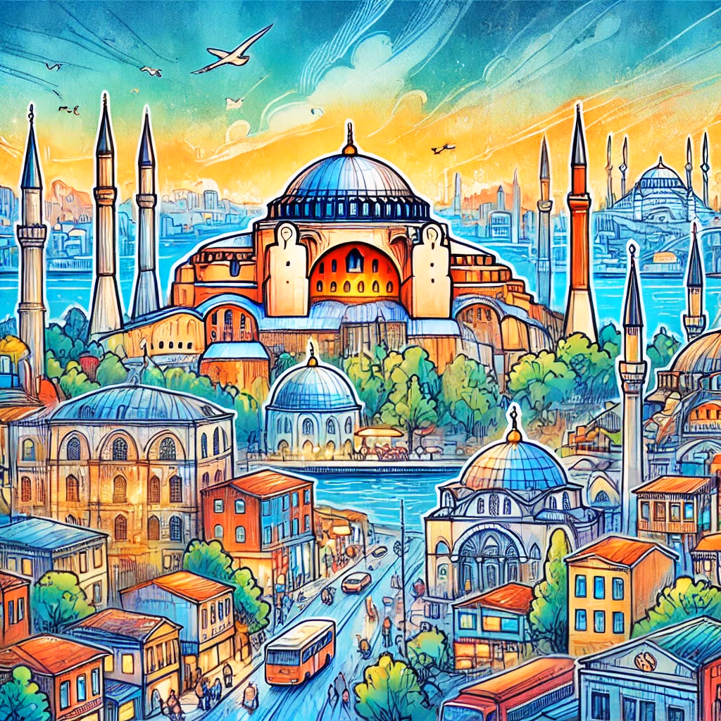 Un disegno vivace e colorato di Istanbul, Turchia, con Santa Sofia e la Moschea Blu in un contesto urbano vivace.
