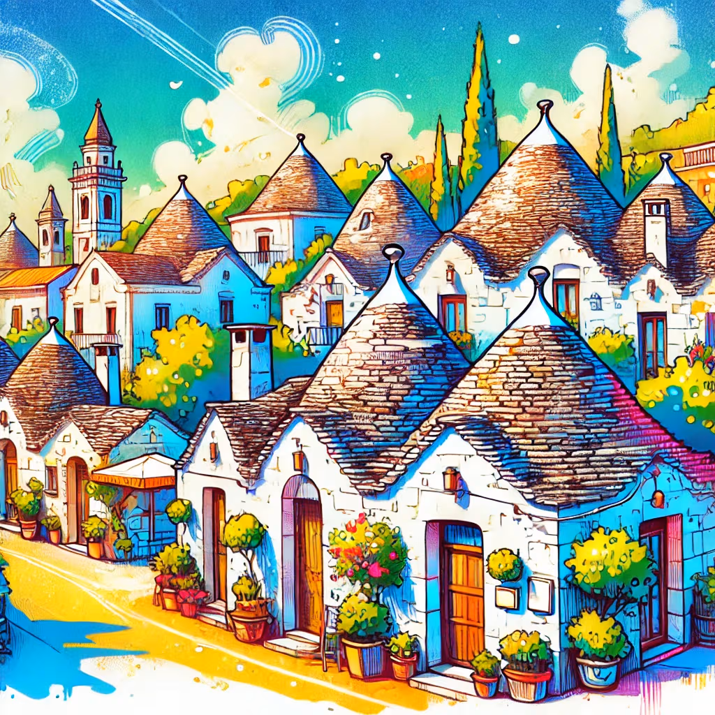 Un disegno vivace e colorato di Alberobello, Italia, con le caratteristiche case Trulli dalle pareti bianche e tetti conici di pietra.