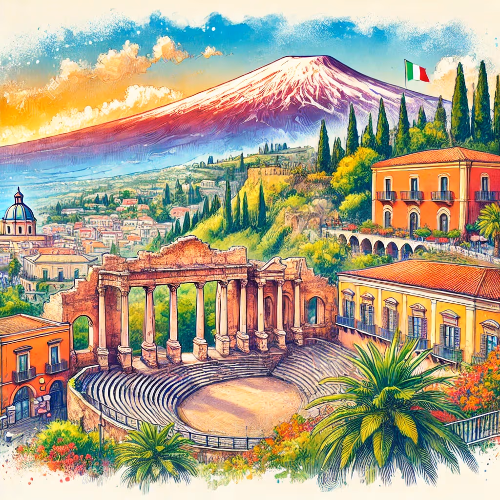Un disegno vivace e colorato di Taormina, Italia, che mostra il teatro greco antico con il Monte Etna sullo sfondo e il Mar Mediterraneo.