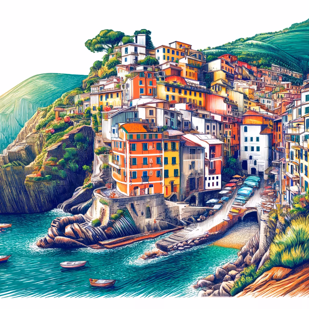 Un disegno vivace e colorato delle Cinque Terre, Italia, con i caratteristici borghi colorati arroccati sulle scogliere affacciate sul Mediterraneo.