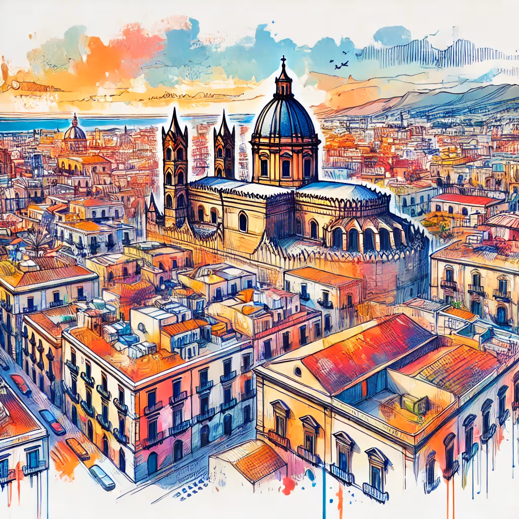 Un disegno vivace e colorato di Palermo, Italia, che mostra l'architettura storica, le strade vivaci e l'atmosfera mediterranea.