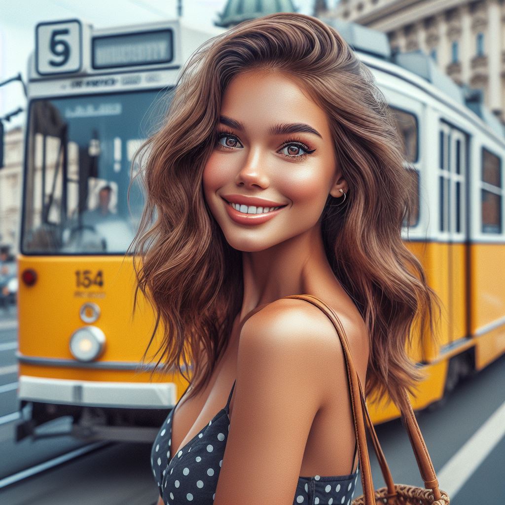 Bella donna di fronte a un tram del trasporto pubblico di Budapest