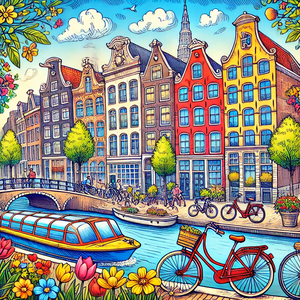 Un disegno vivace e colorato di Amsterdam, Paesi Bassi, con le tipiche facciate strette lungo i canali, biciclette e barche.