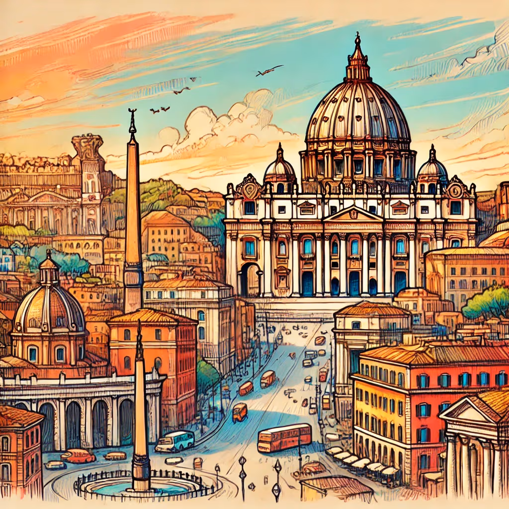 Un disegno vivace e colorato di Roma, Italia, che mostra il Colosseo, la Basilica di San Pietro e il Foro Romano.
