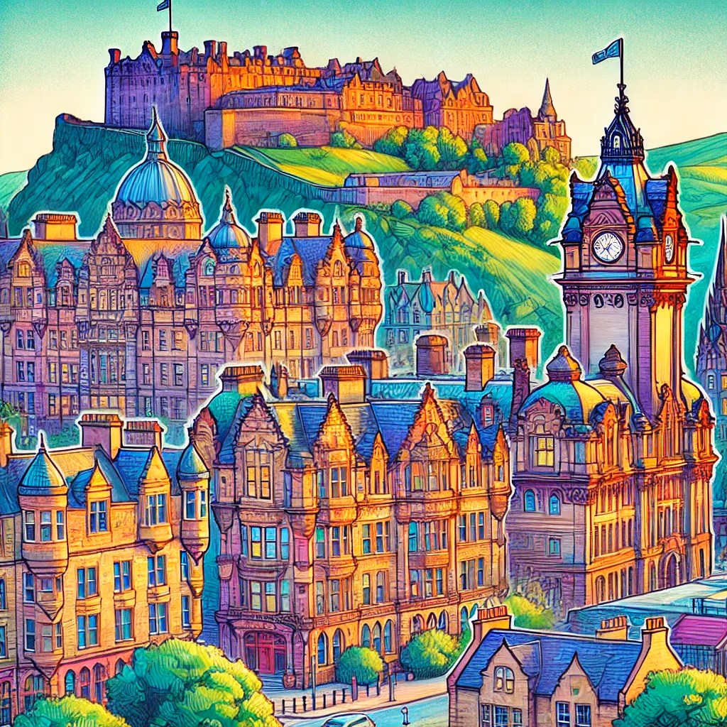 Un disegno vivace e colorato di Edimburgo, Scozia, che mostra l'iconica architettura medievale, con il Castello di Edimburgo in cima a una collina.