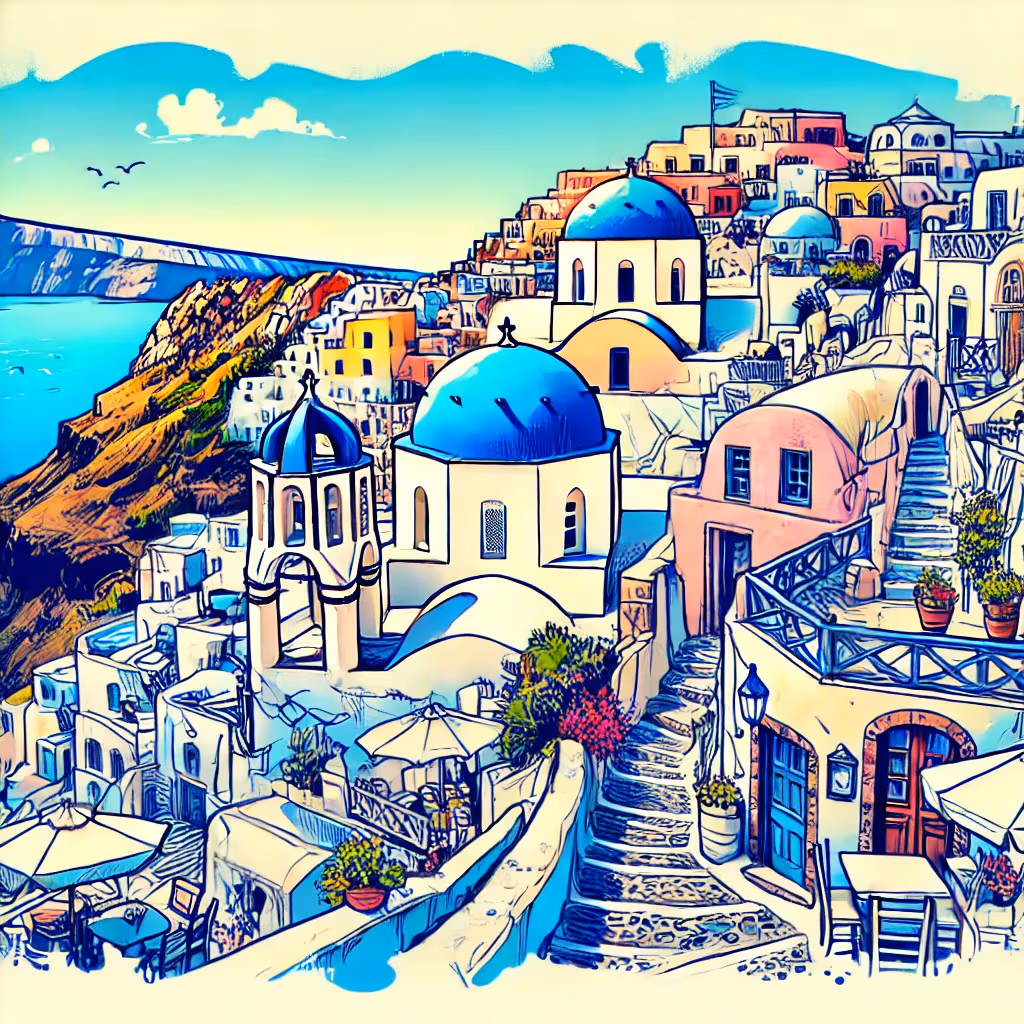 Un disegno vivace e colorato di Santorini, Grecia, con gli edifici imbiancati e le cupole blu, vicoli stretti e panorami mozzafiato.