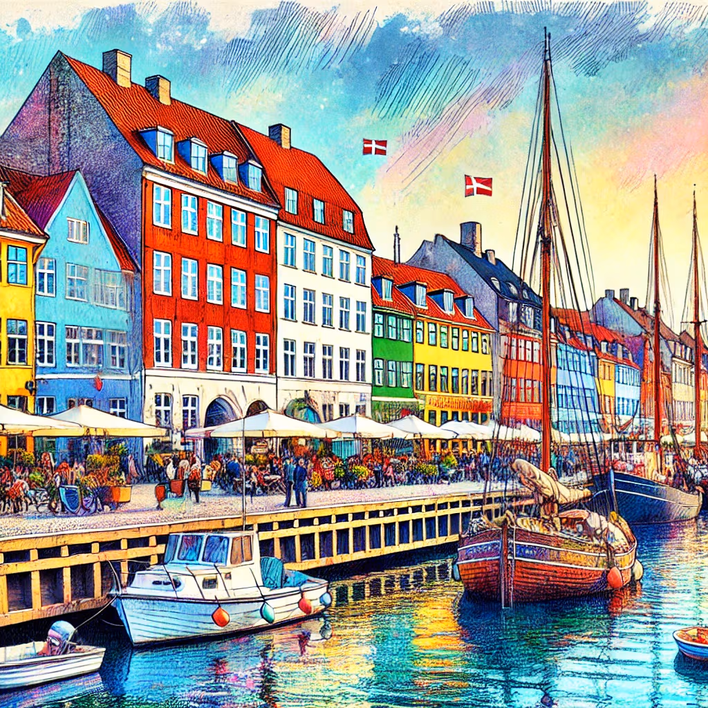 Un disegno vivace e colorato di Copenaghen, Danimarca, con Nyhavn e le sue vivaci facciate sul porto.