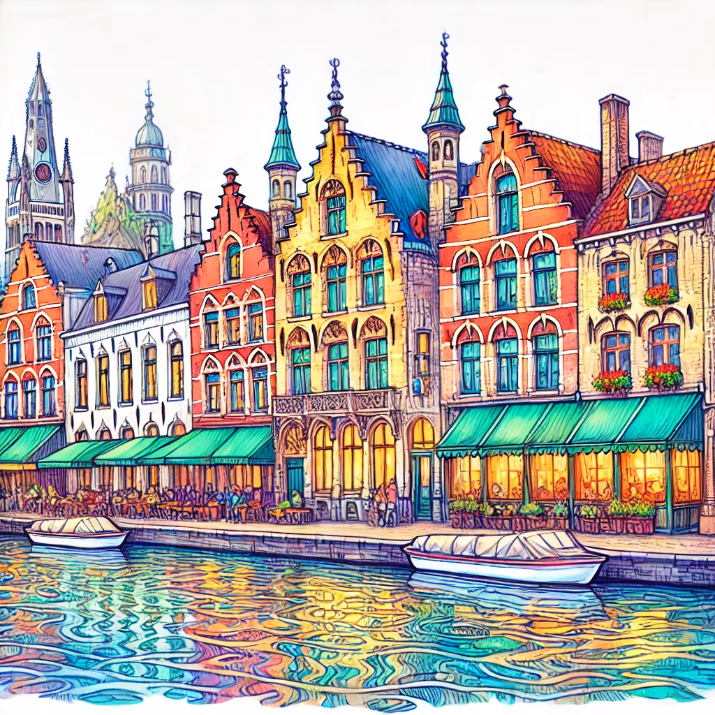 Un disegno vivace e colorato di Bruges, Belgio, che mostra l'architettura medievale, i canali e le strade acciottolate.