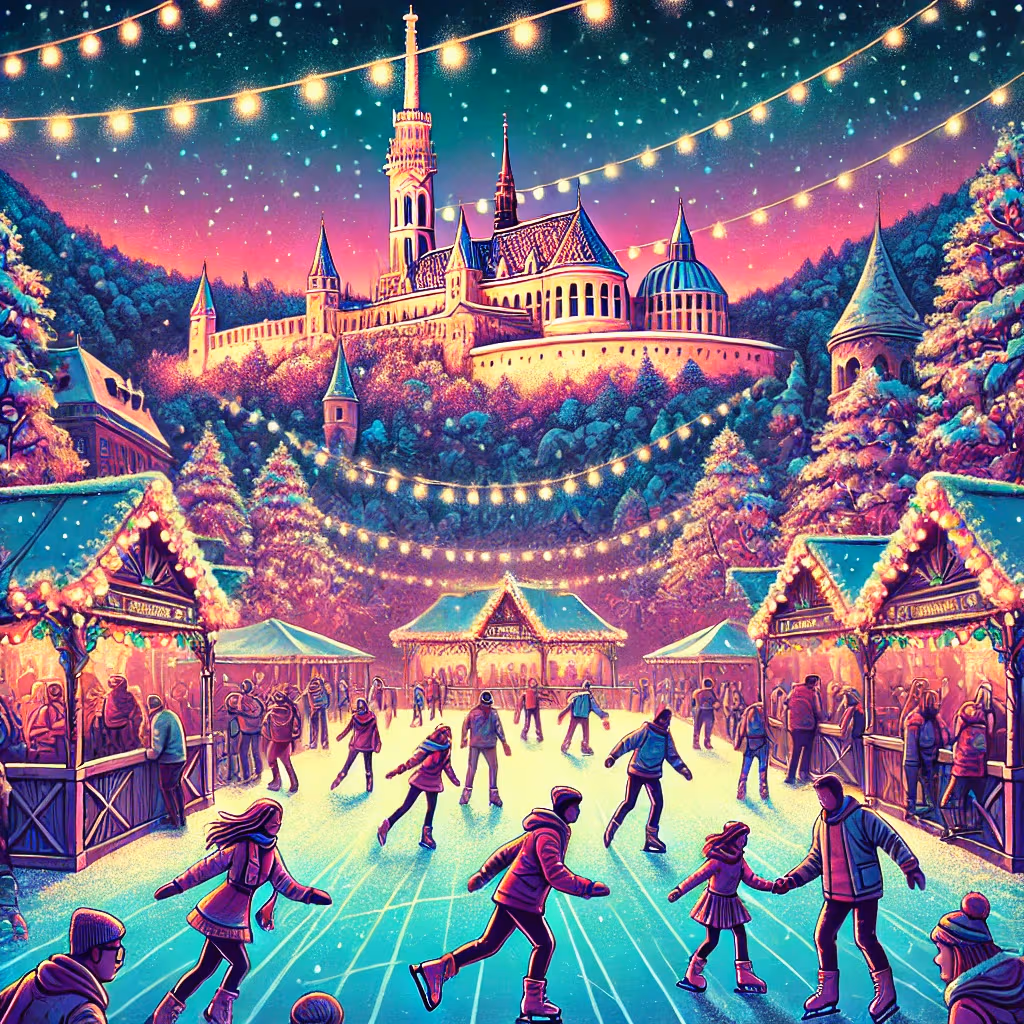 Eine lebendige digitale Illustration einer Open-Air-Eislaufbahn in Budapest im Winter 2024. Die Szene zeigt Menschen jeden Alters, die das Eislaufen genießen.