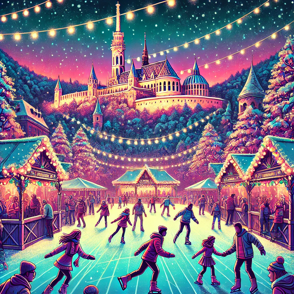 Eine lebendige digitale Illustration einer Open-Air-Eislaufbahn in Budapest im Winter 2024. Die Szene zeigt Menschen jeden Alters, die das Eislaufen genießen.