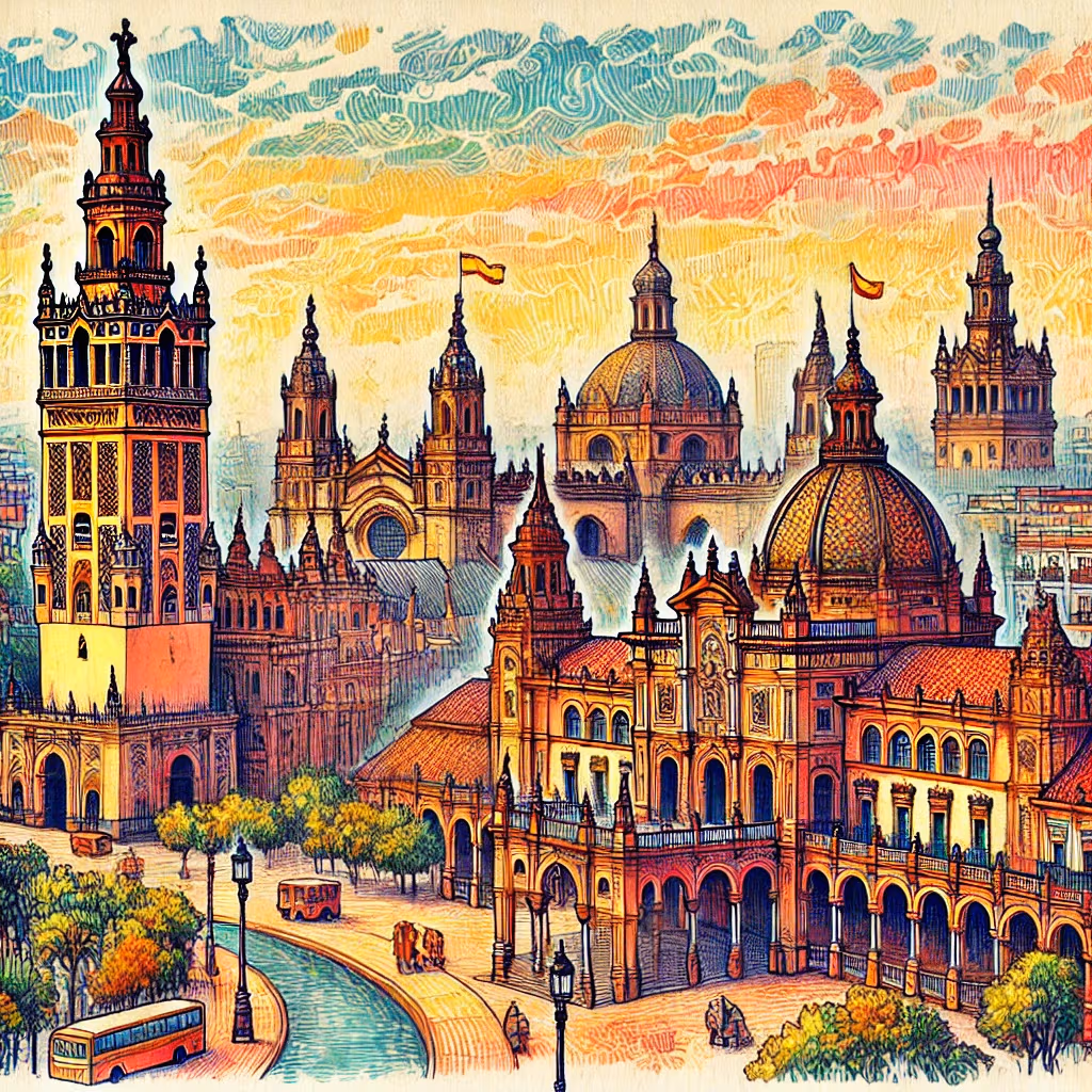 Un disegno vivace e colorato di Siviglia, Spagna, che mostra la Cattedrale, la Giralda e la Plaza de España.