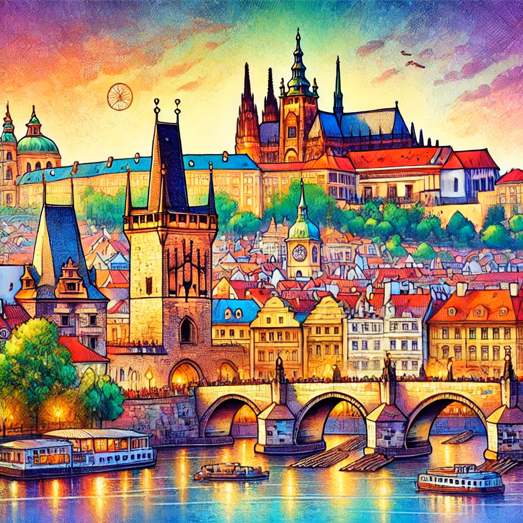 Un disegno vivace e colorato di Praga, Repubblica Ceca, che mostra il Ponte Carlo e la Piazza della Città Vecchia con il suo Orologio Astronomico.