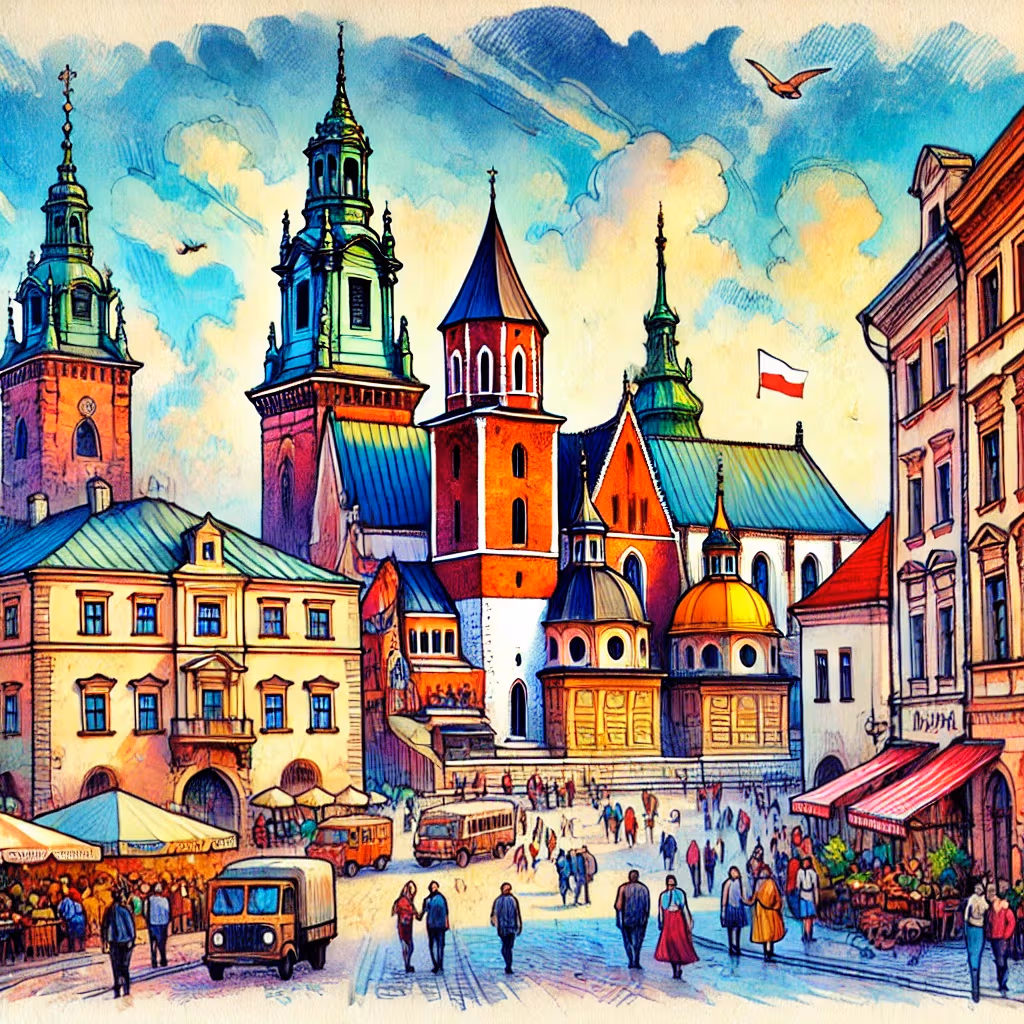 Un disegno vivace e colorato di Cracovia, Polonia, con il Castello di Wawel, la Piazza del Mercato e la Basilica di Santa Maria.