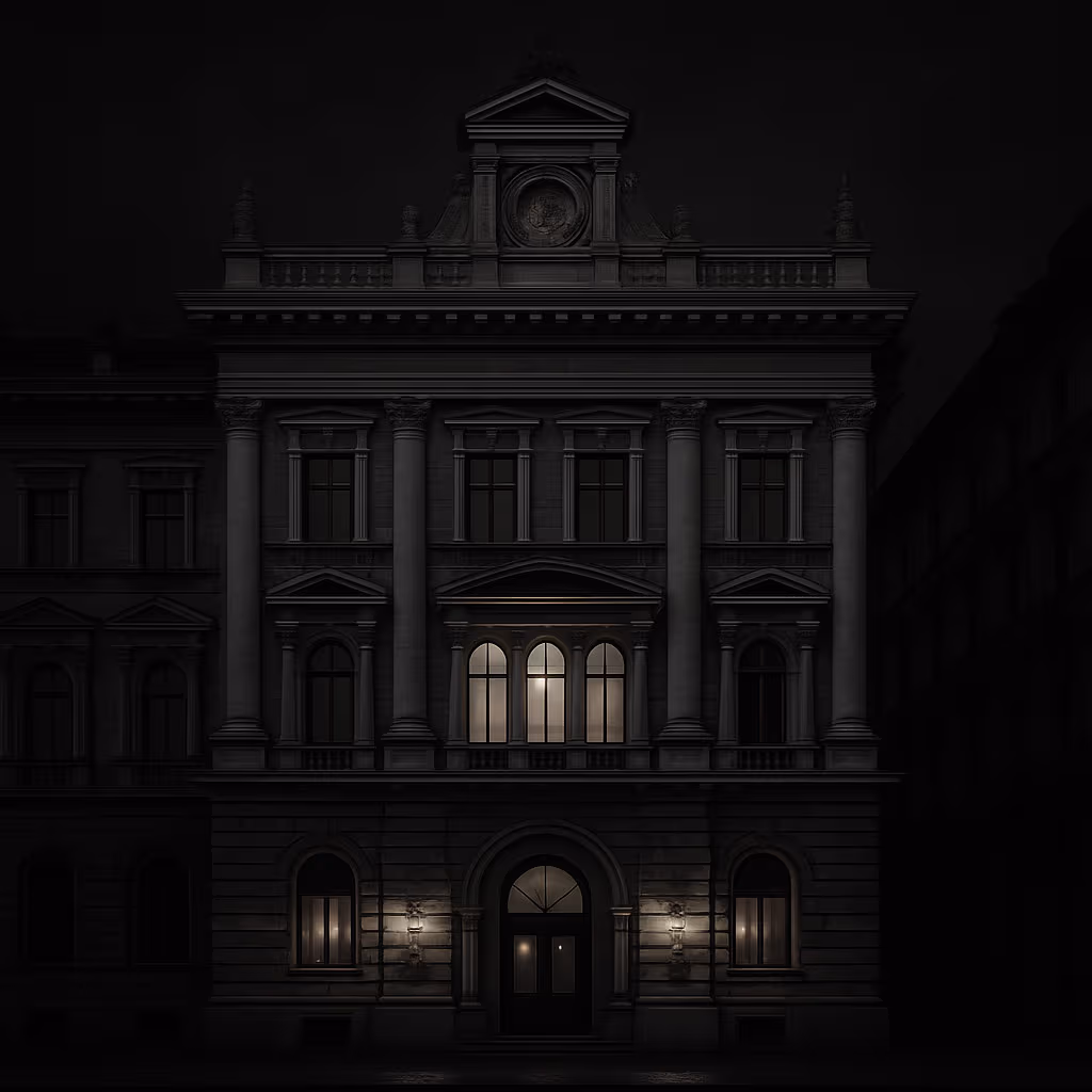 Cinematic black-and-white image of a Neo-Renaissance building in Budapest, featuring symmetrical façades, classical columns, arched windows, and an ornate central pediment.