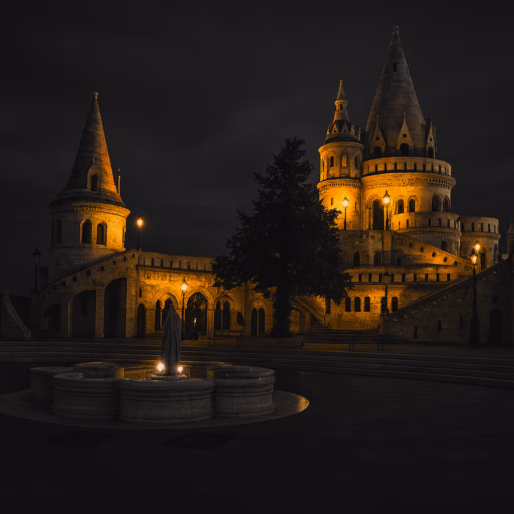 Immagine cinematografica in bianco e nero del Bastione dei Pescatori illuminato di notte, con le sue torrette iconiche, archi e terrazze panoramiche che brillano di luce calda.