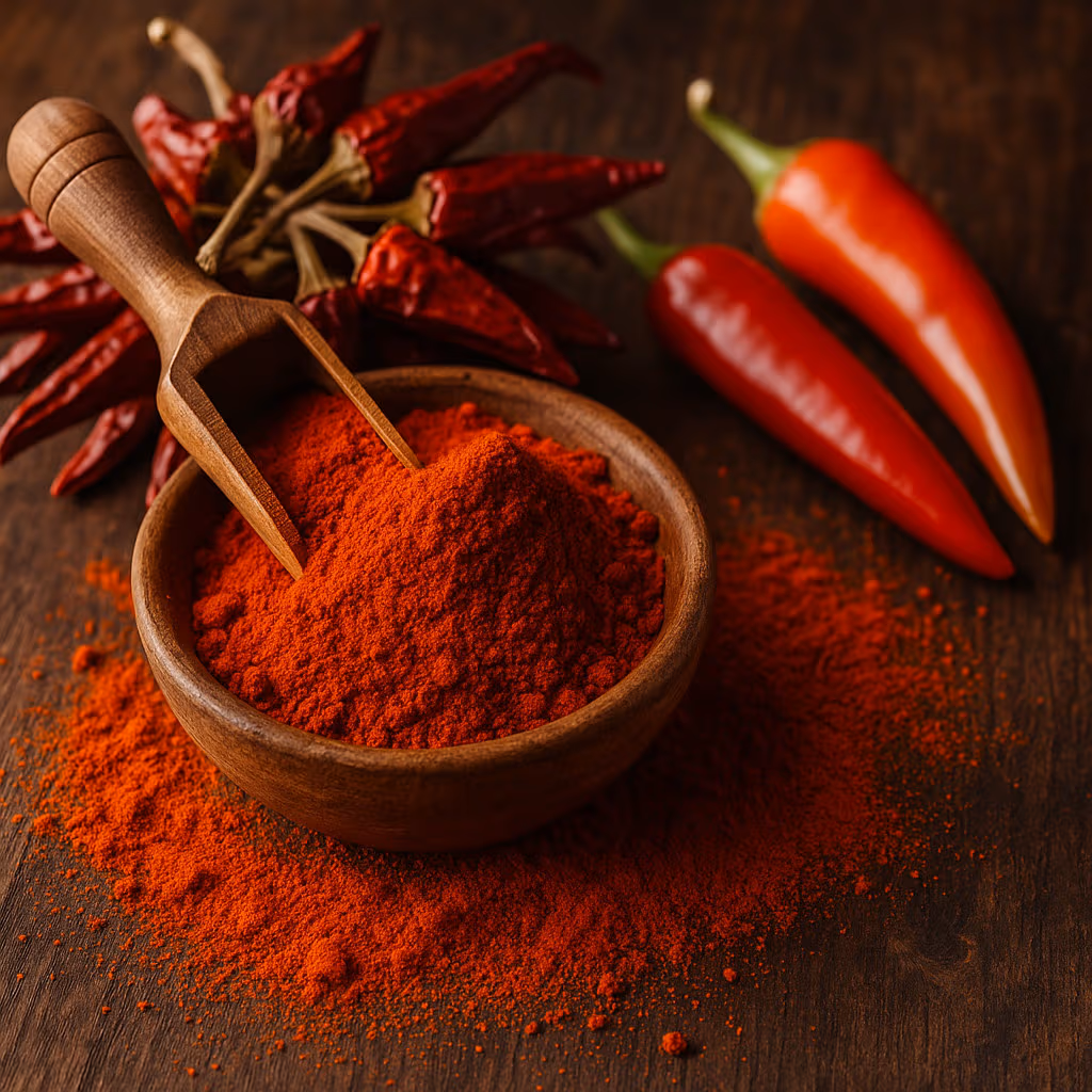 Primo piano cinematografico della paprika ungherese, con peperoncini secchi, polvere di paprika e cesti di mercato rustici.