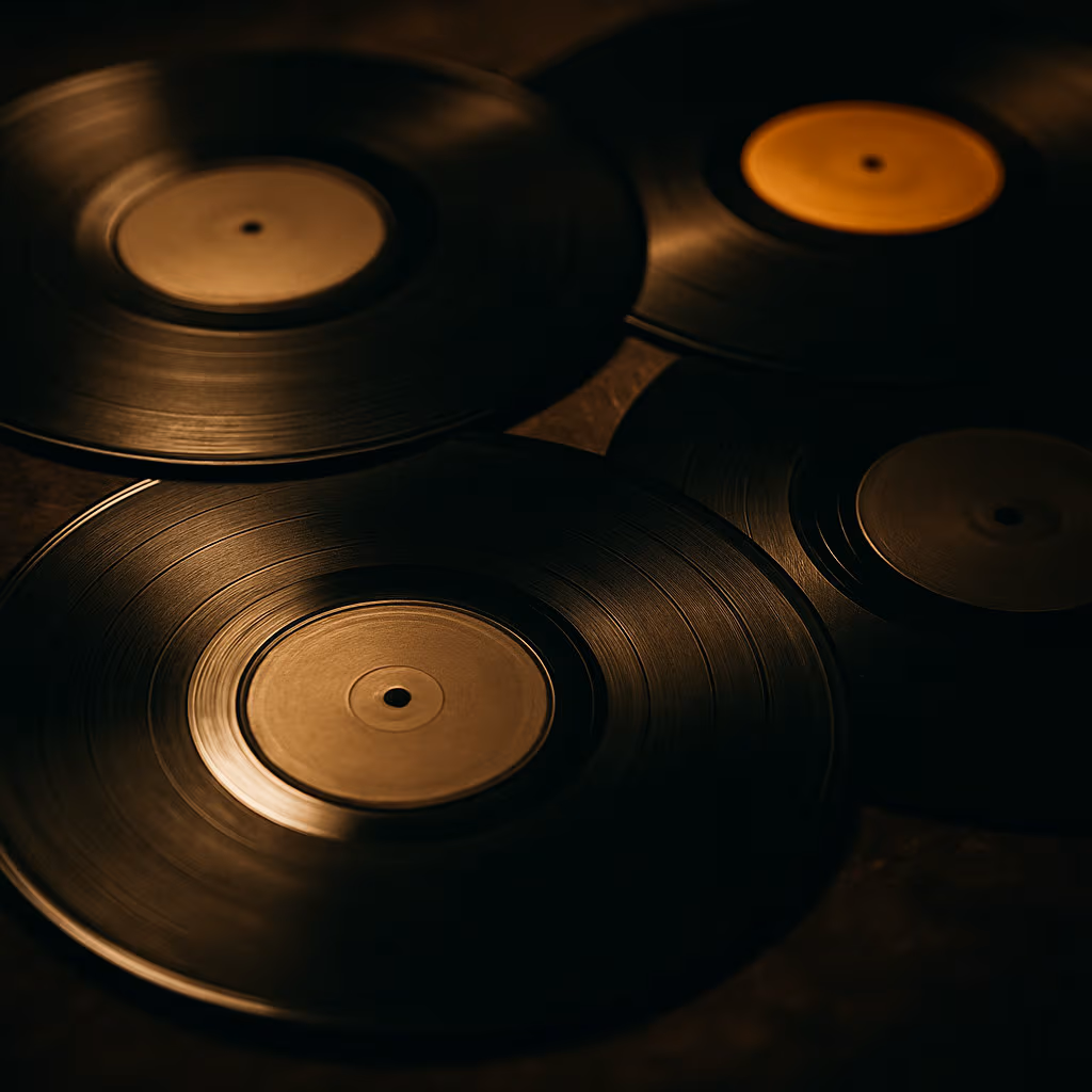 vinili disposti in calda illuminazione cinematografica che rappresentano la musica e il patrimonio artistico ungherese