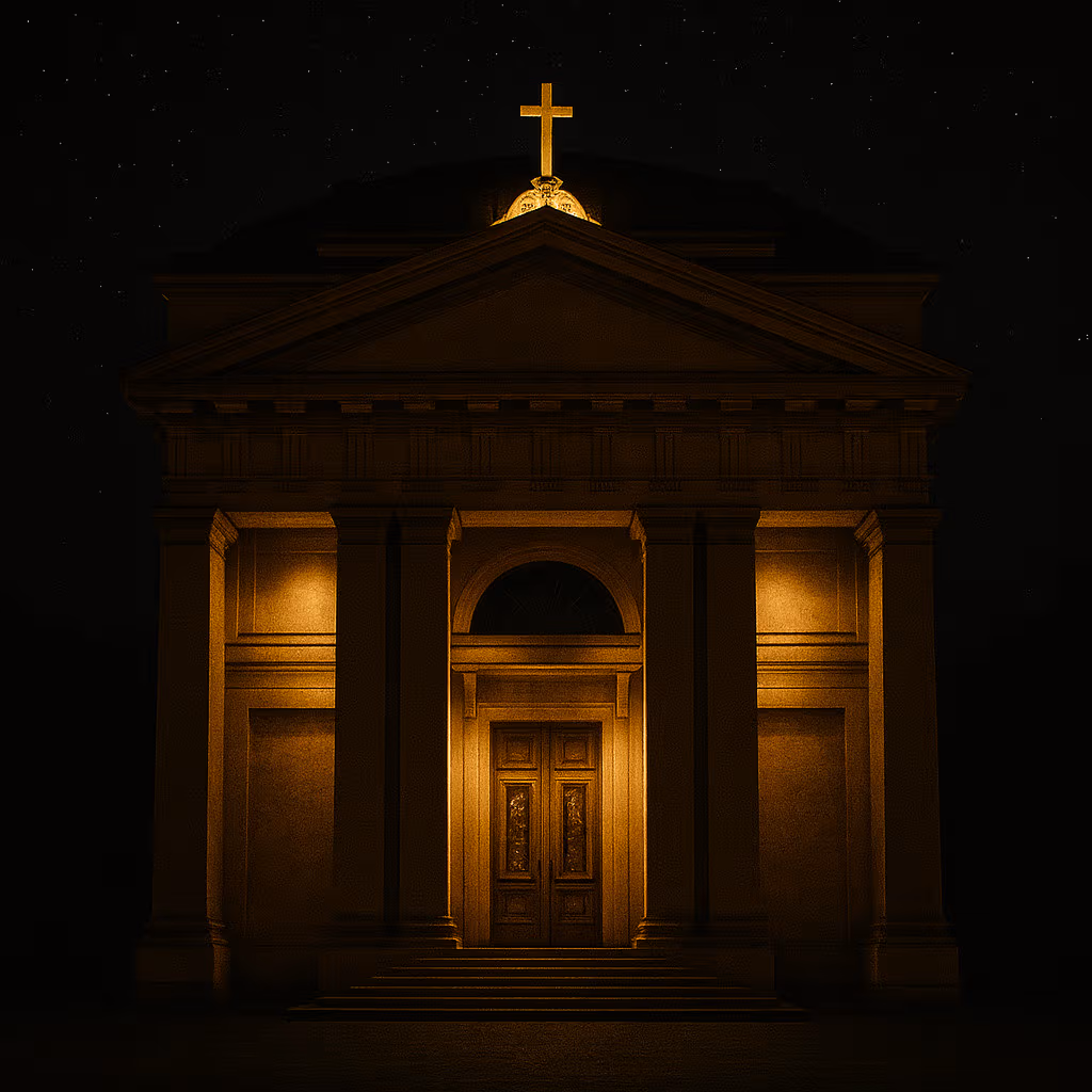 Fotografía cinematográfica nocturna de la iglesia neoclásica en Deák Ferenc tér en Budapest, iluminada con cálida luz dorada bajo un cielo estrellado, sin personas y con sombras dramáticas.
