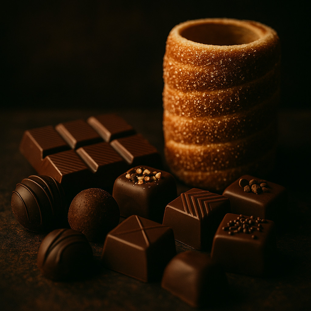 Cinematic close-up of Hungarian chocolates and sweets, including artisan truffles, dark chocolate pieces, and a kürtőskalács chimney cake on a rustic dark surface.