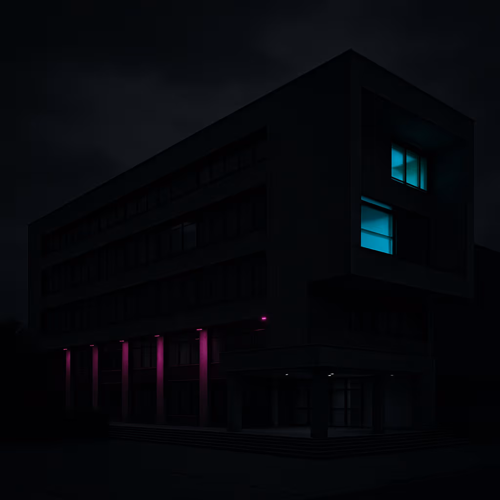 Cinematic black-and-white image of a modernist building in Budapest, featuring clean geometric lines, minimalist concrete surfaces, and selectively illuminated windows in contemporary colors.