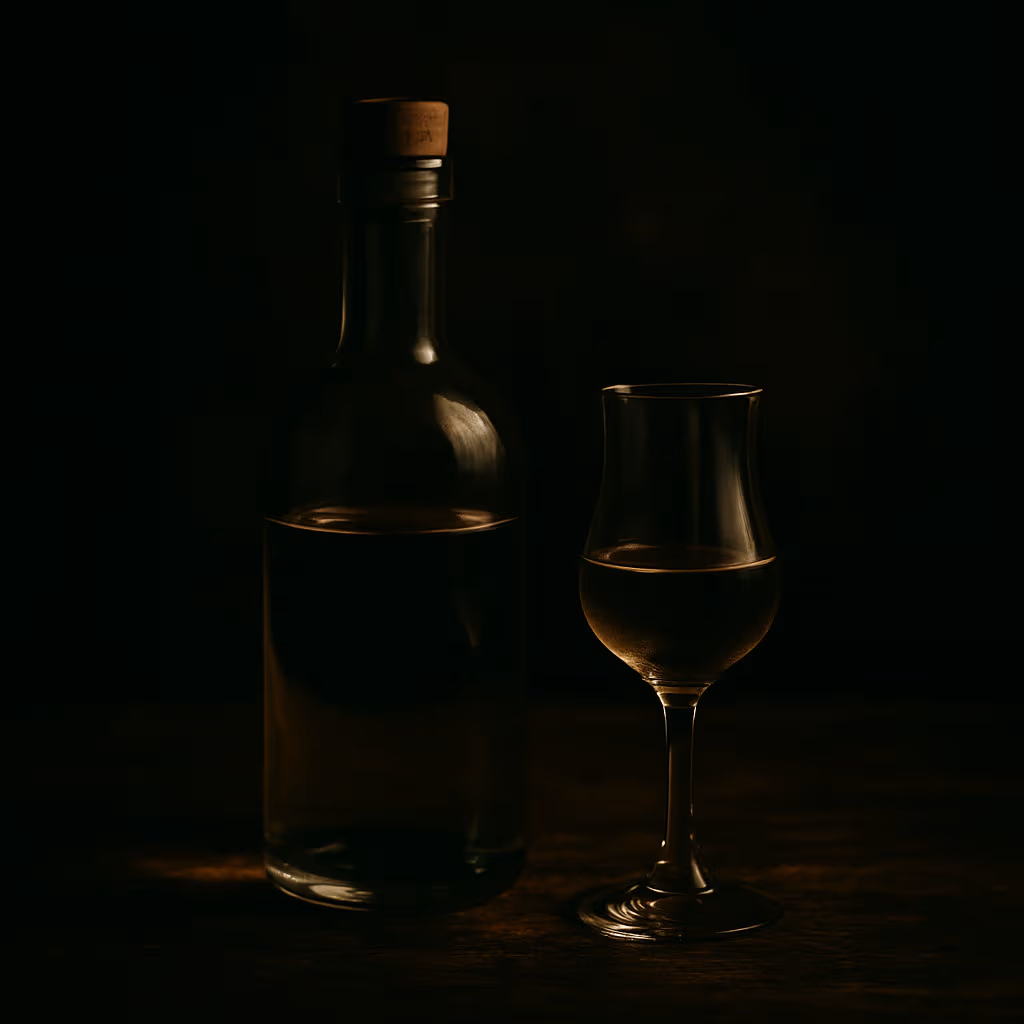 Immagine cinematografica in bianco e oro di una bottiglia senza etichetta di pálinka ungherese e un bicchierino da degustazione su una superficie di legno scuro.