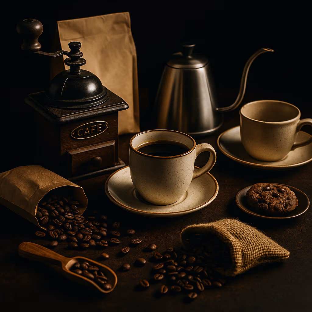 Natura morta cinematografica di caffè e regali della cultura dei café, con tazze, un macinino d’epoca, chicchi di caffè e accessori per l’infusione in calda illuminazione drammatica.