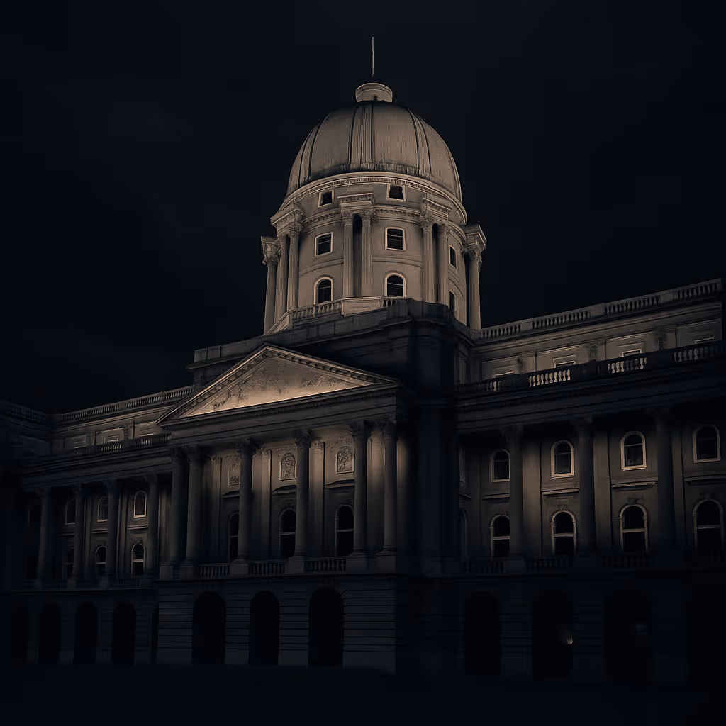 Cinematic black-and-white image of a Neoclassical building in Budapest, featuring a grand dome, symmetrical façade, classical columns, and a triangular pediment inspired by Greek and Roman architecture.