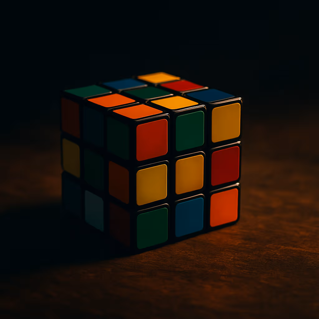 Primo piano cinematografico di un Cubo di Rubik appoggiato su una superficie di legno scuro con illuminazione drammatica e contrasti di ombra intensi.