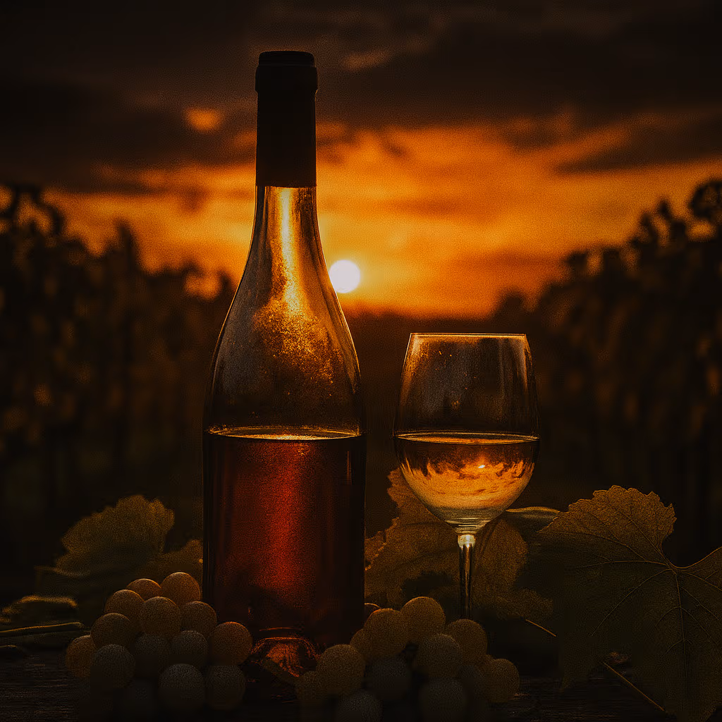 Immagine quadrata cinematografica di una bottiglia di Tokaji e un bicchiere in un vigneto ungherese al tramonto, circondata da acini d’uva e luce dorata.