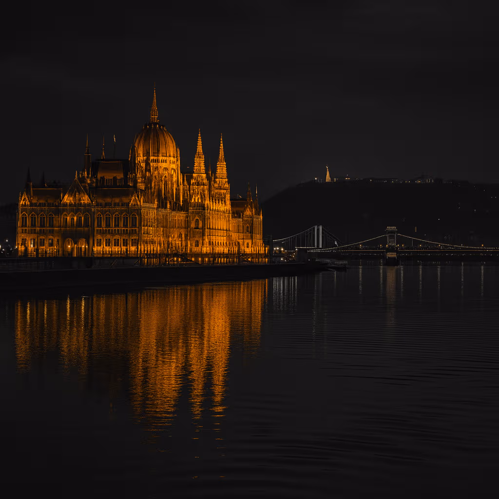 Immagine cinematografica in bianco e nero del Parlamento ungherese illuminato di notte, riflesso sul Danubio con il Ponte delle Catene e la Collina Gellért sullo sfondo.