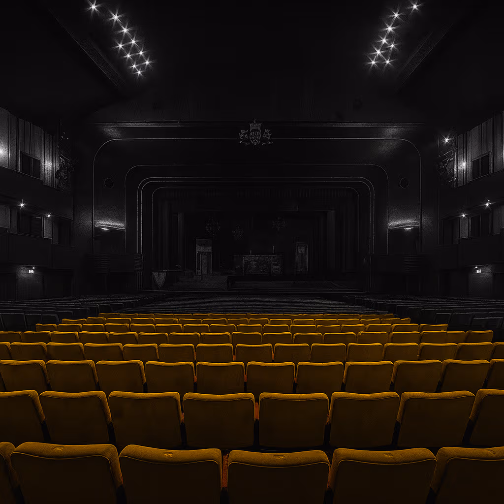 Black-and-white cinematic image of the Erkel Theatre auditorium in Budapest, featuring vivid yellow seats contrasted against a darkened stage and desaturated architectural details.