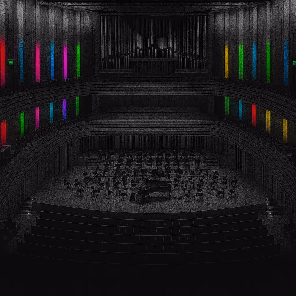 Black-and-white cinematic image of the Müpa Budapest concert hall, featuring vivid vertical light panels in bright colors illuminating the modern auditorium around the orchestra stage.